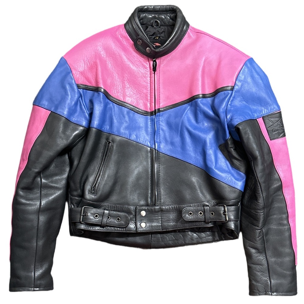 VTG JOE ROCKET men's retro black bubblegum colour block leather biker jacket, 56